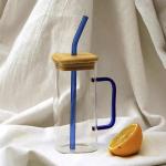 400ml Home Use Square High Borosilicate Glass Straw Cup with Colorful Handle - Perfect for Cold Drinks, Juices, and Milk