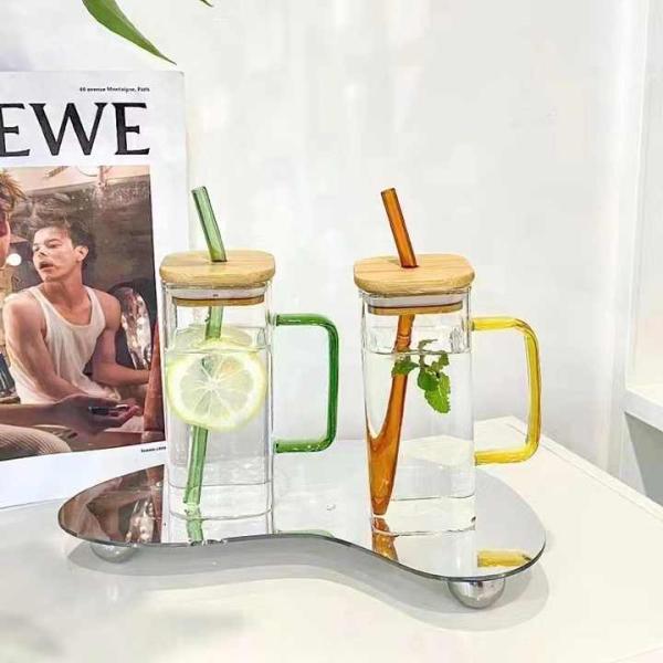 400ml Home Use Square High Borosilicate Glass Straw Cup with Colorful Handle - Perfect for Cold Drinks, Juices, and Milk