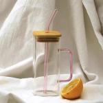 400ml Home Use Square High Borosilicate Glass Straw Cup with Colorful Handle - Perfect for Cold Drinks, Juices, and Milk